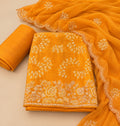 Mustard Yellow Raw Silk Floral Embroidered Unstitched Dress Material Set