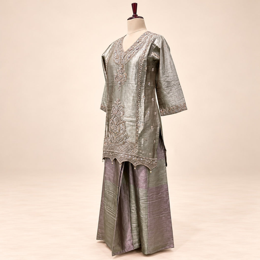 Golden Raw Silk Embroidered Palazzo Salwar Set