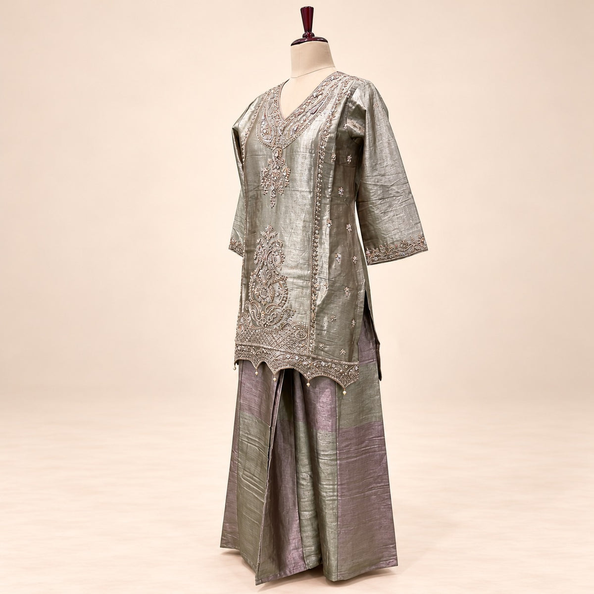 Golden Raw Silk Embroidered Palazzo Salwar Set
