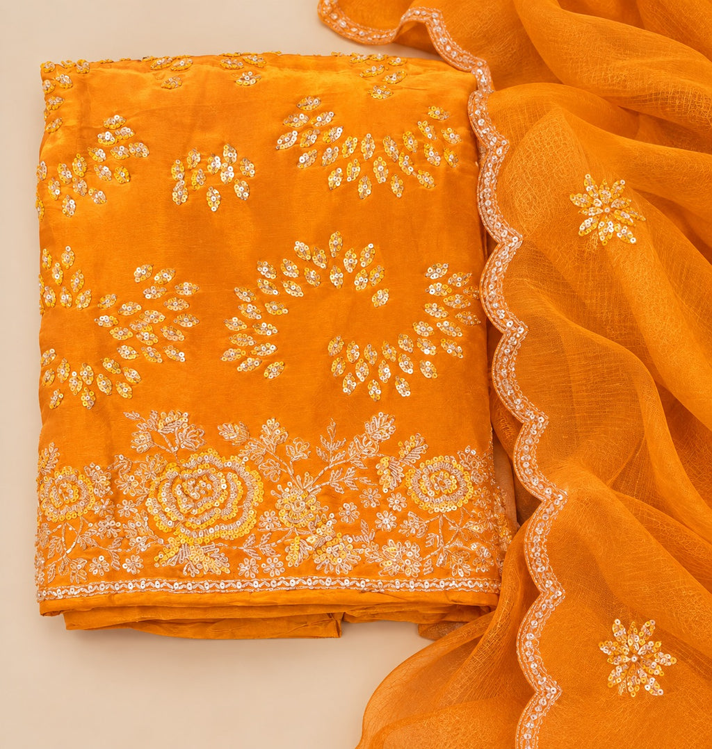 Mustard Yellow Raw Silk Floral Embroidered Unstitched Dress Material Set
