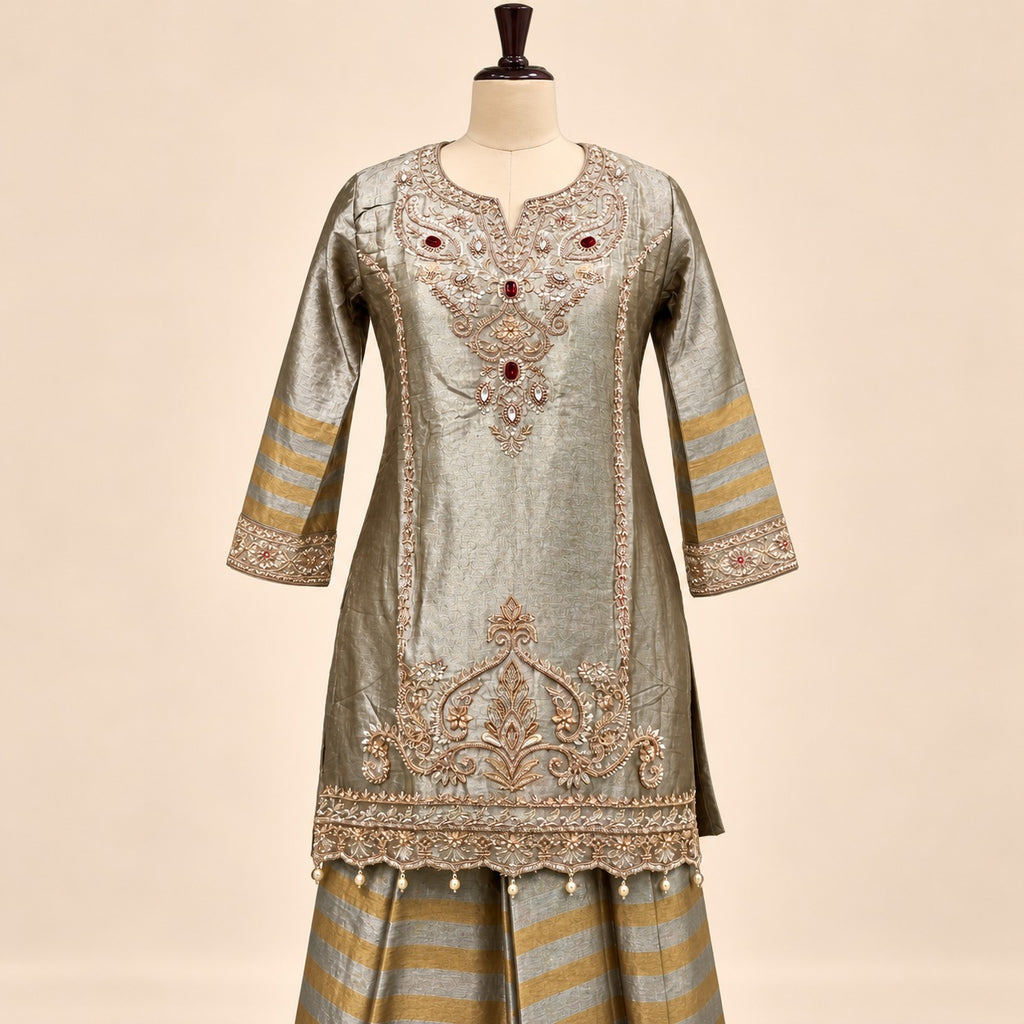 Elegant Golden Embroidered Palazzo Salwar Set