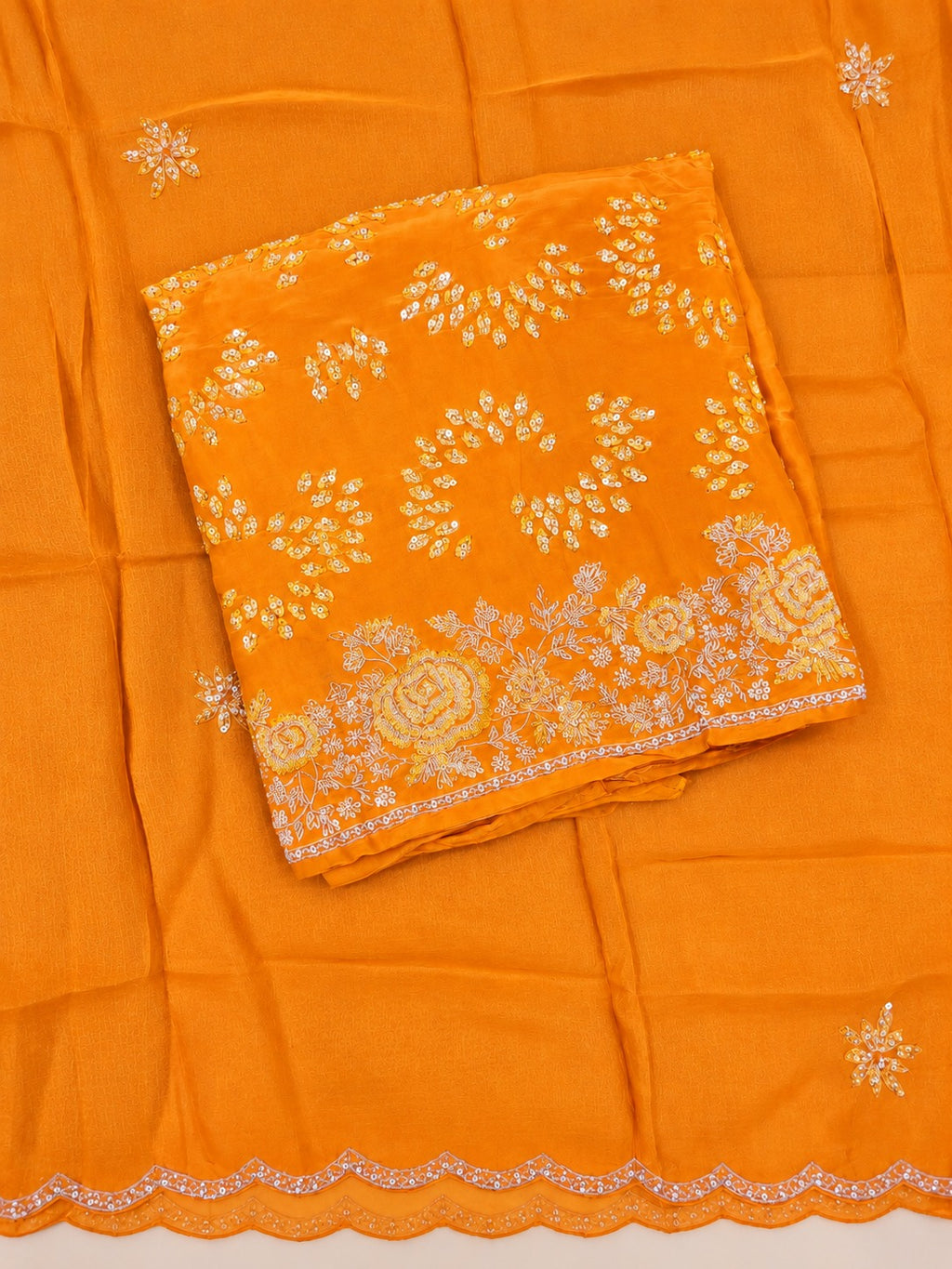 Mustard Yellow Raw Silk Floral Embroidered Unstitched Dress Material Set