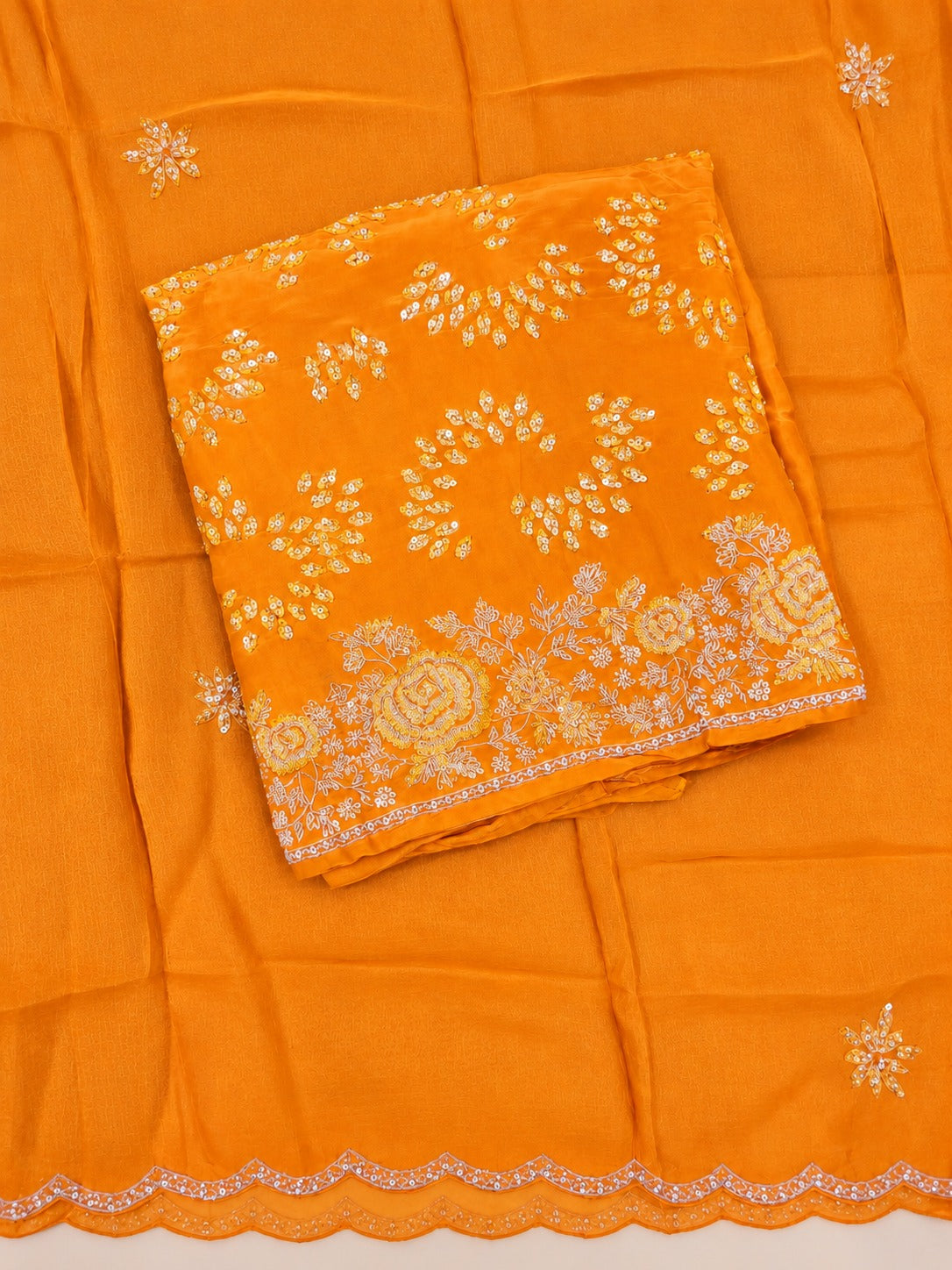 Mustard Yellow Raw Silk Floral Embroidered Unstitched Dress Material Set