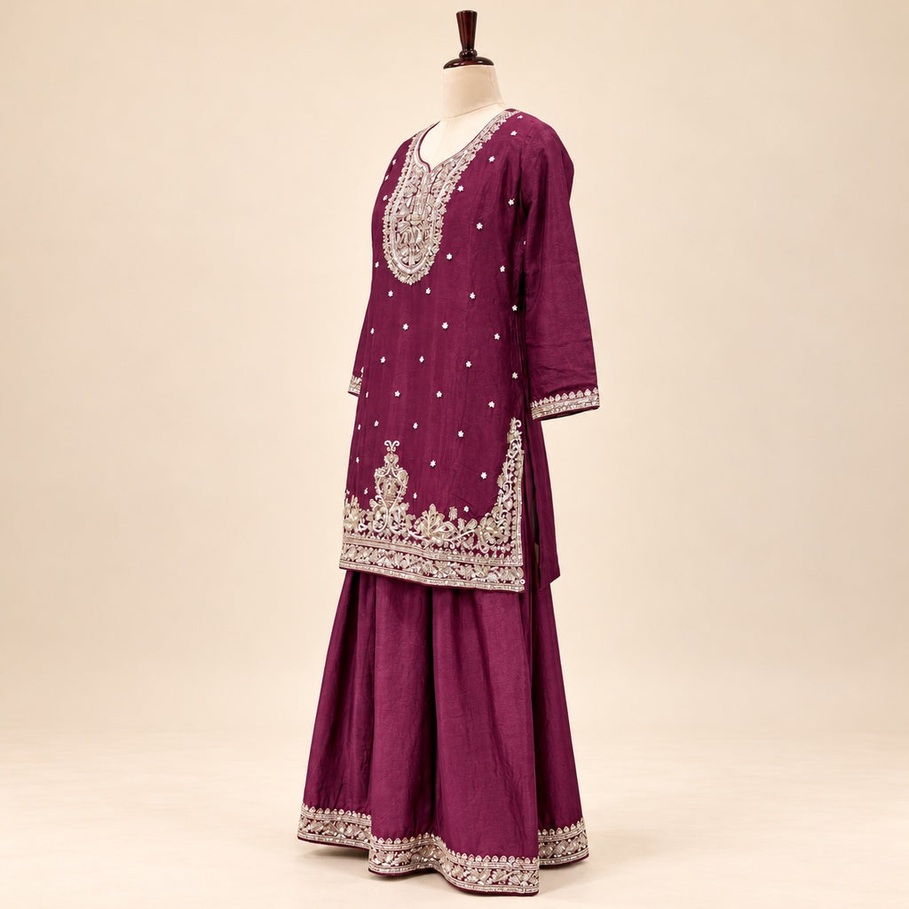 Elegant Maroon Chinon Embroidered Palazzo Salwar Set