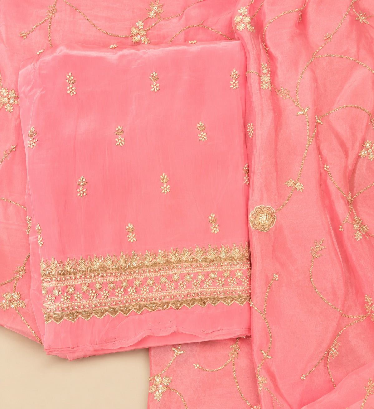Pink Crepe Gold Embroidered Unstitched Dress Material Set