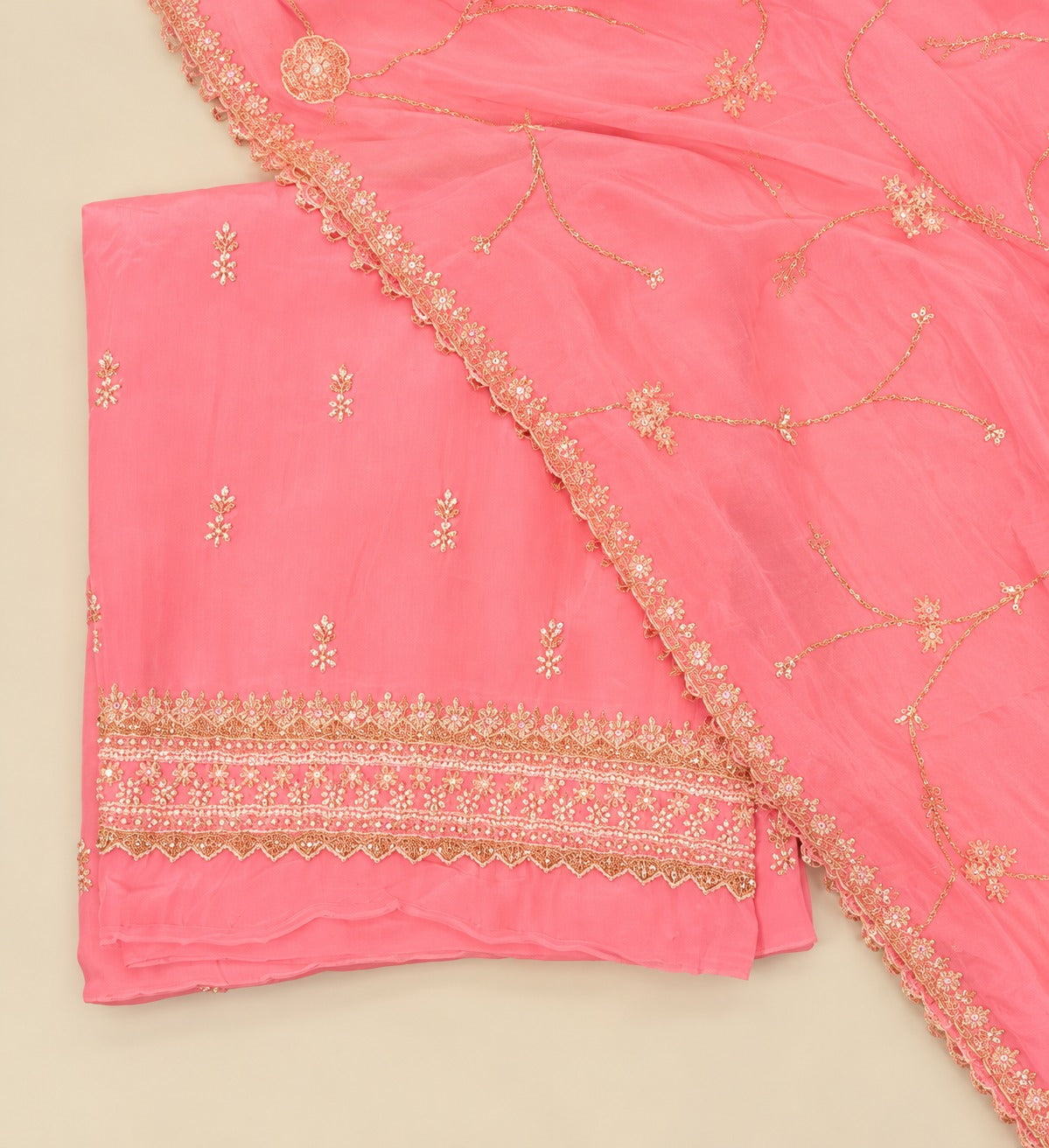 Pink Crepe Gold Embroidered Unstitched Dress Material Set