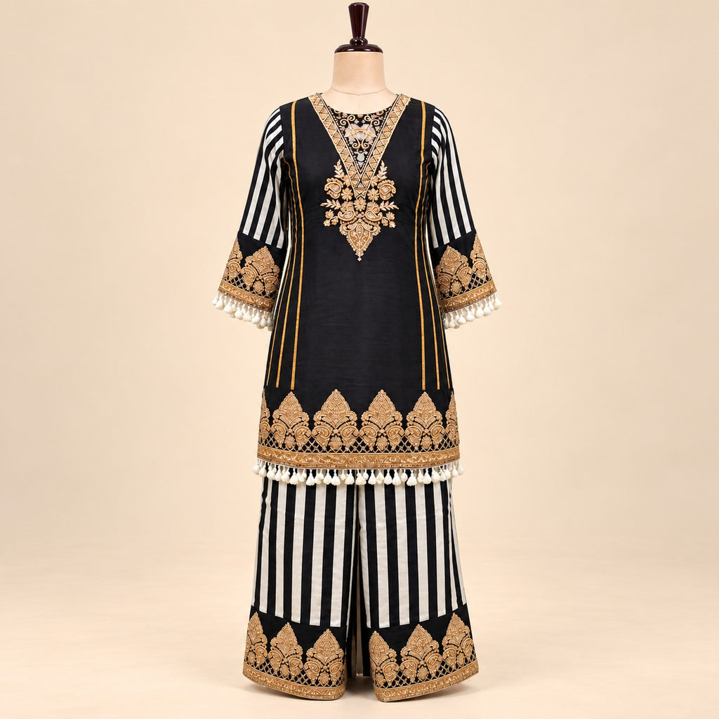 Black Crepe Golden Embroidered Palazzo Salwar Set