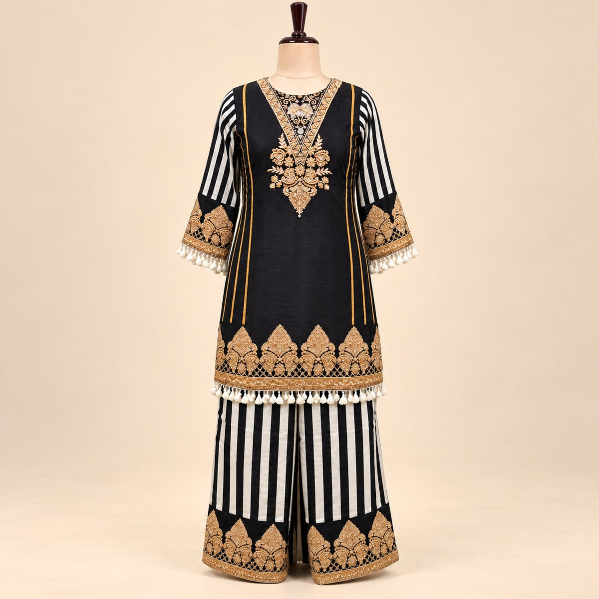 Black Crepe Golden Embroidered Palazzo Salwar Set
