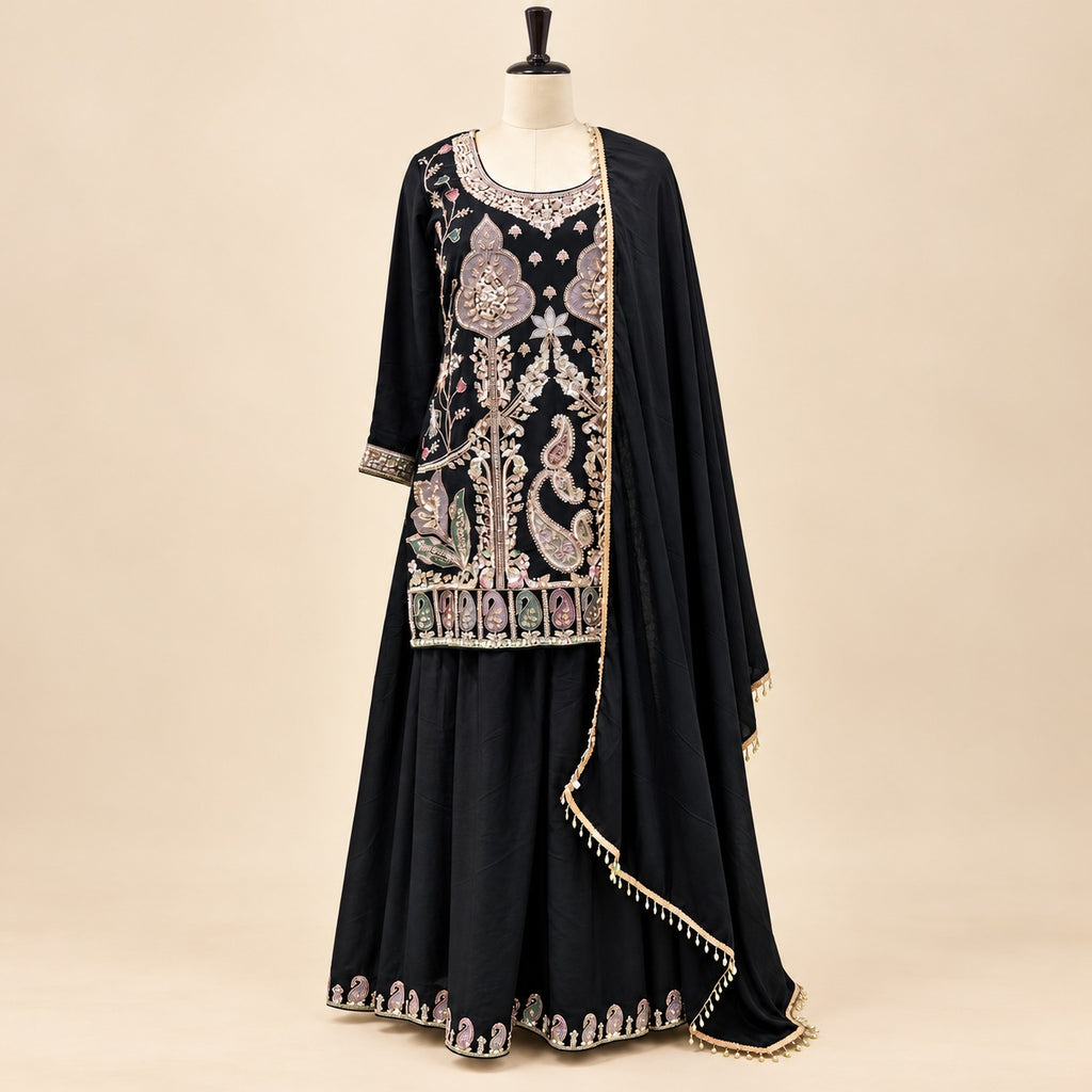 Elegant Black Crepe Embroidered Palazzo Salwar Set
