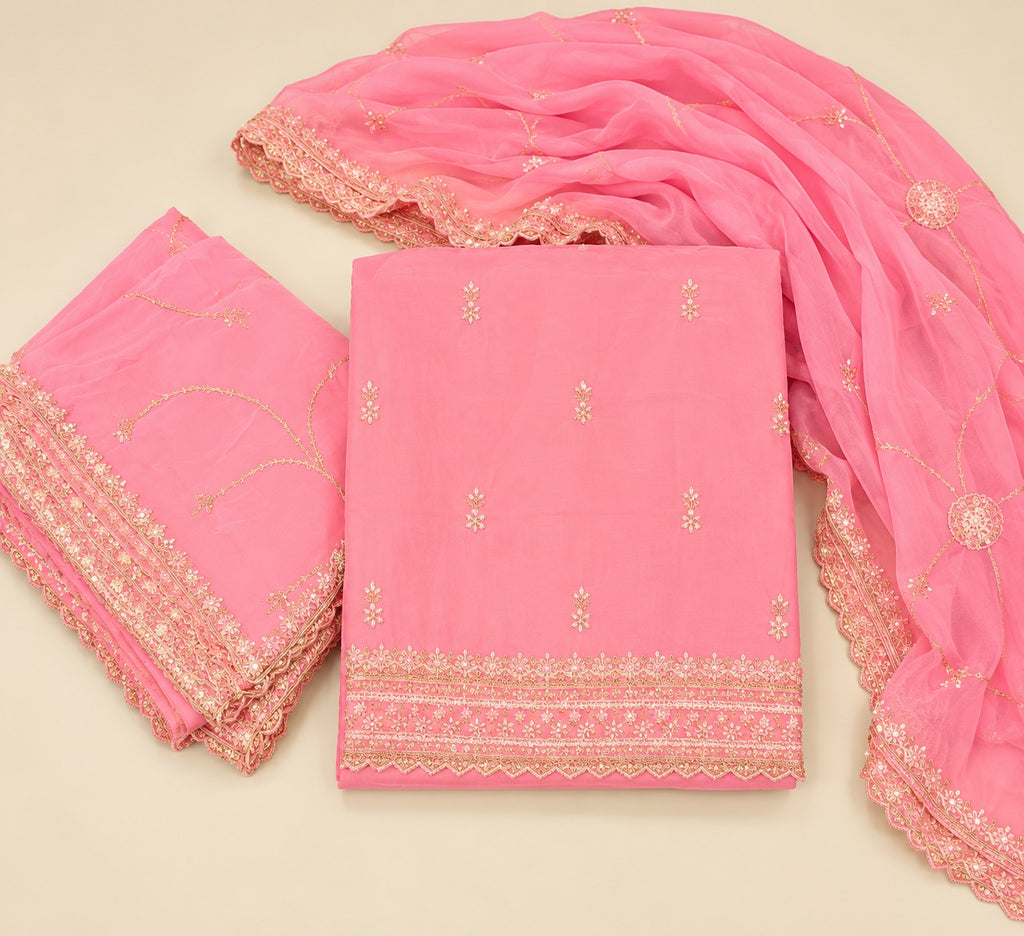 Pink Crepe Gold Embroidered Unstitched Dress Material Set