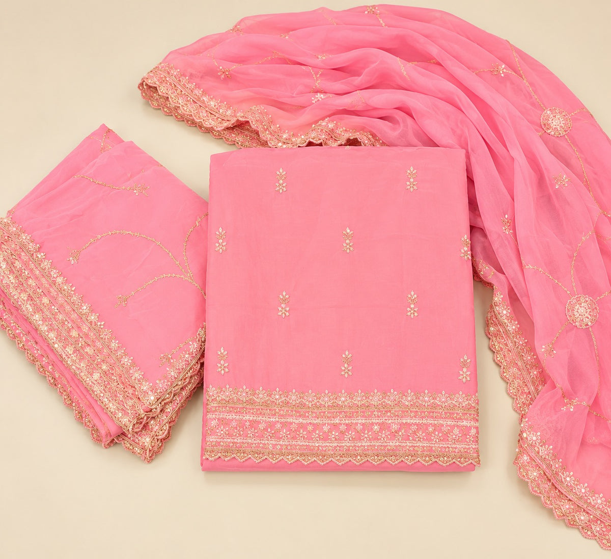 Pink Crepe Gold Embroidered Unstitched Dress Material Set