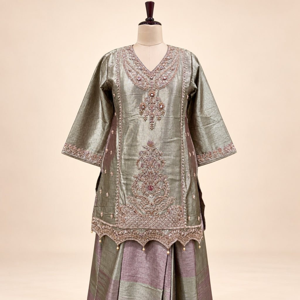 Golden Raw Silk Embroidered Palazzo Salwar Set