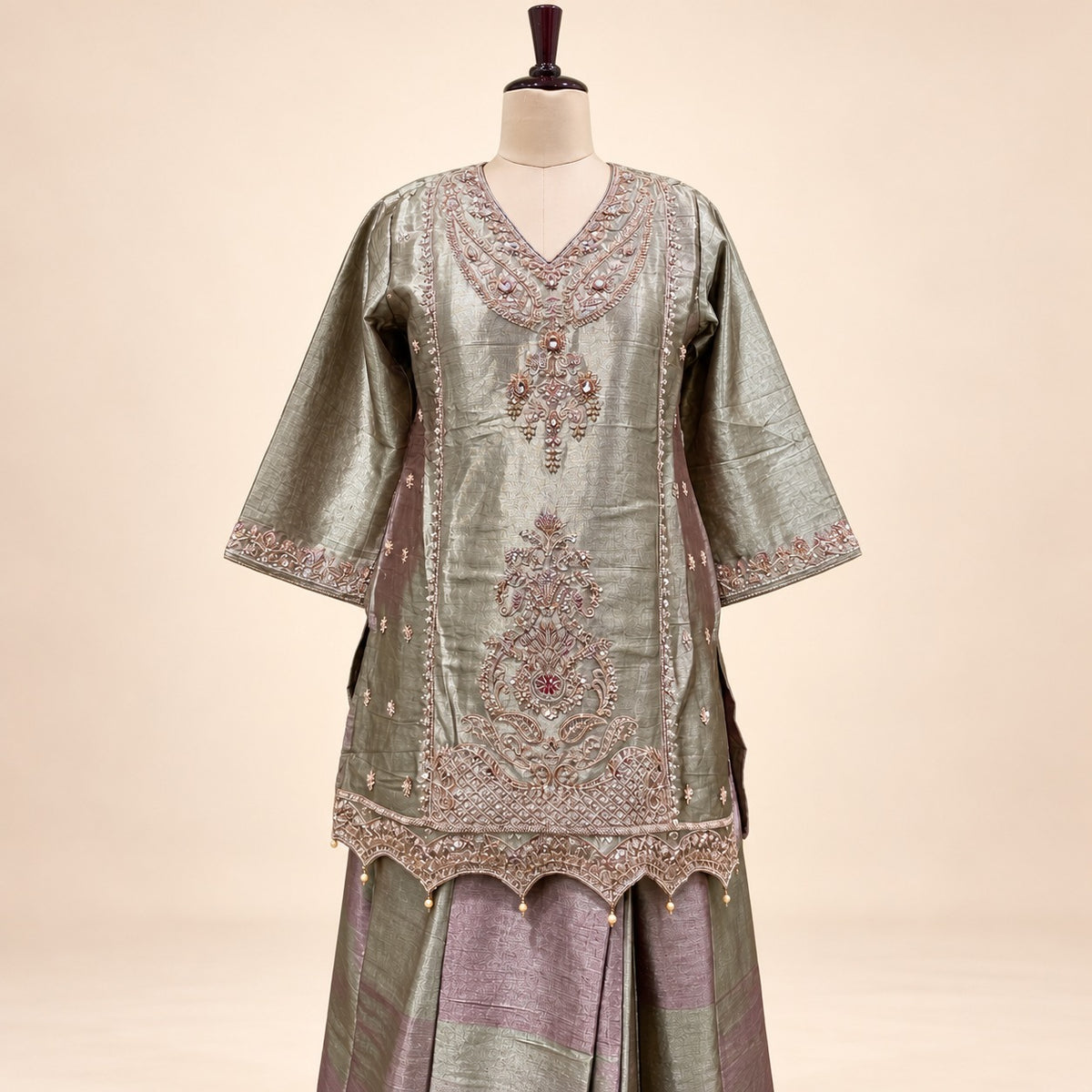 Golden Raw Silk Embroidered Palazzo Salwar Set