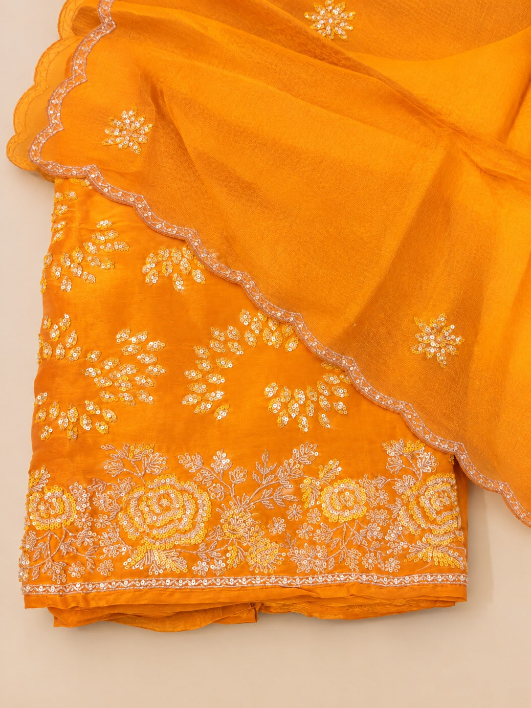 Mustard Yellow Raw Silk Floral Embroidered Unstitched Dress Material Set