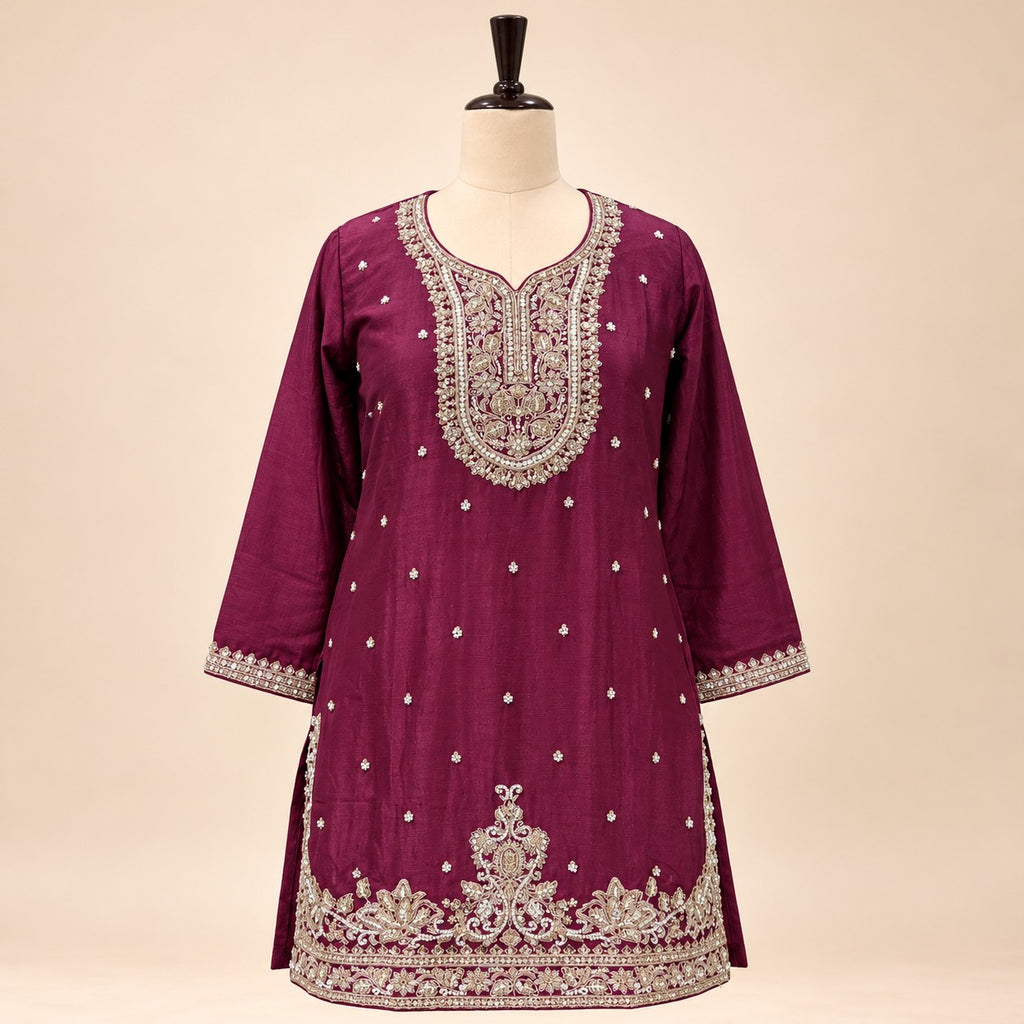 Elegant Maroon Chinon Embroidered Palazzo Salwar Set
