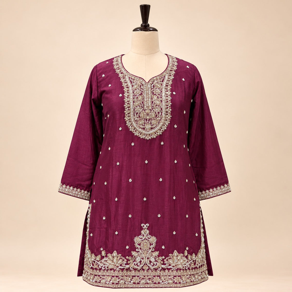 Elegant Maroon Chinon Embroidered Palazzo Salwar Set