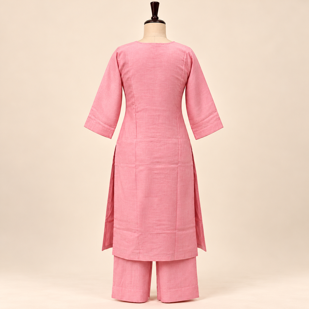 Multi-Tone Dusty Pink Cotton Floral Embroidered Straight Cut Kurta Set