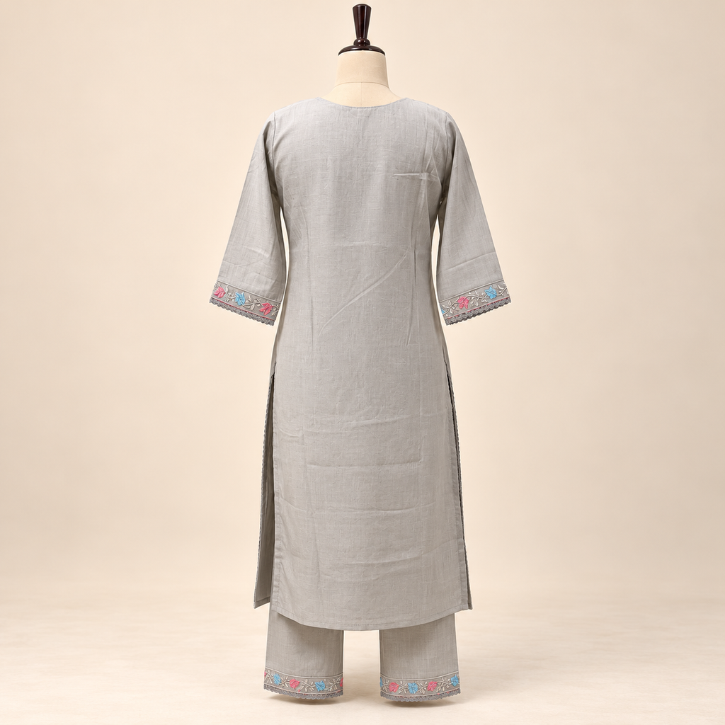Grey Multicolour Floral Embroidered Cotton Straight Cut Salwar Suit Set with Dupatta