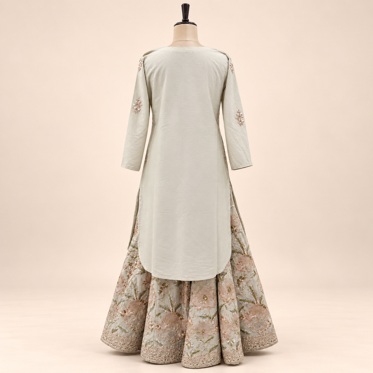 Beige Floral Embroidered Sharara Salwar Suit