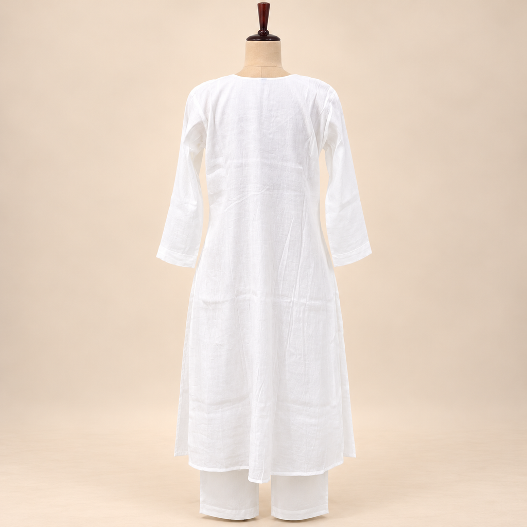Elegant White Cotton Anarkali Set with Black Floral Embroidery
