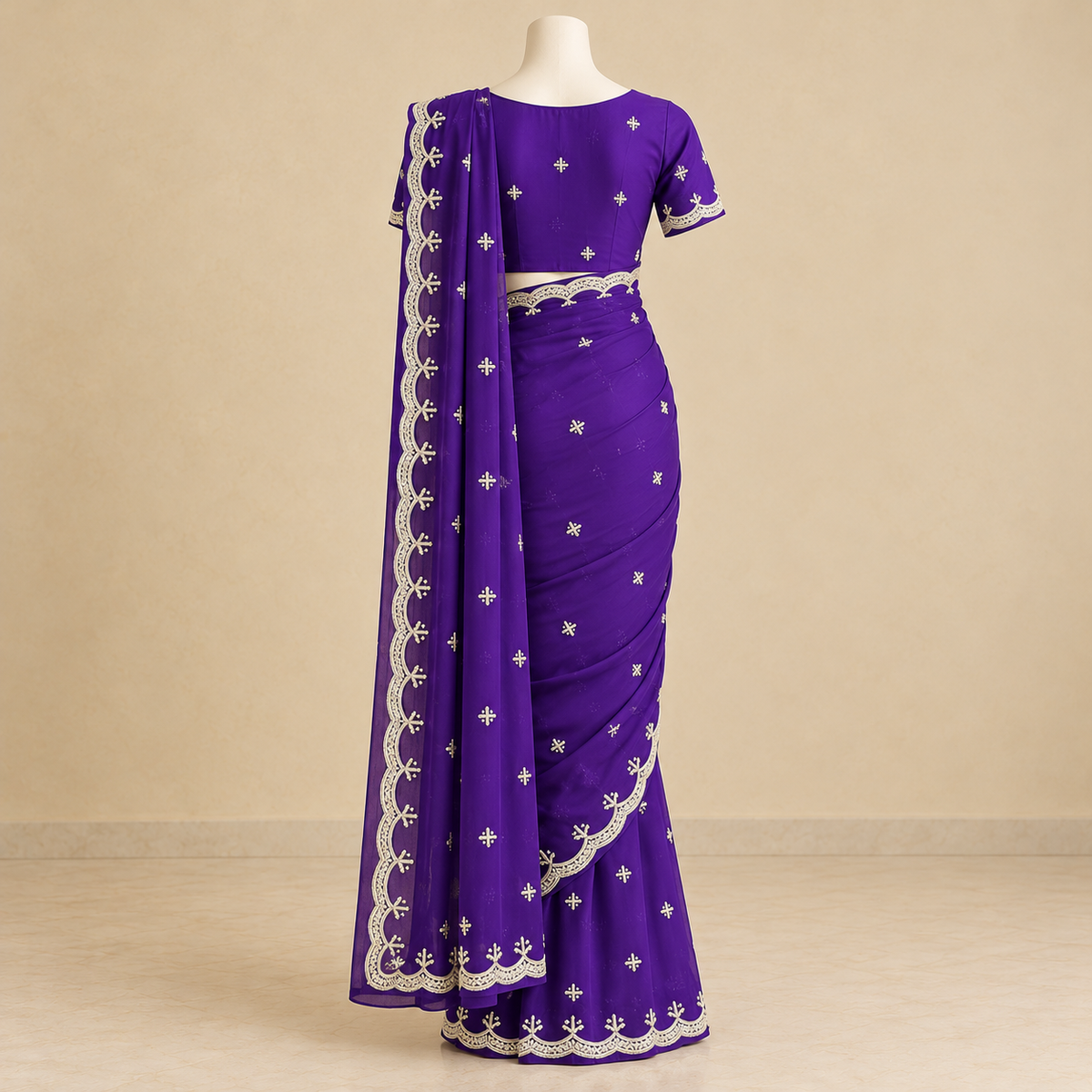 Onion Soft Organza Saree with Silver Embroidery and Scalloped Border