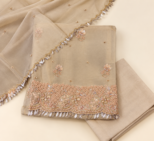 Beige Organza Pearl Embroidered Unstitched Dress Material Set