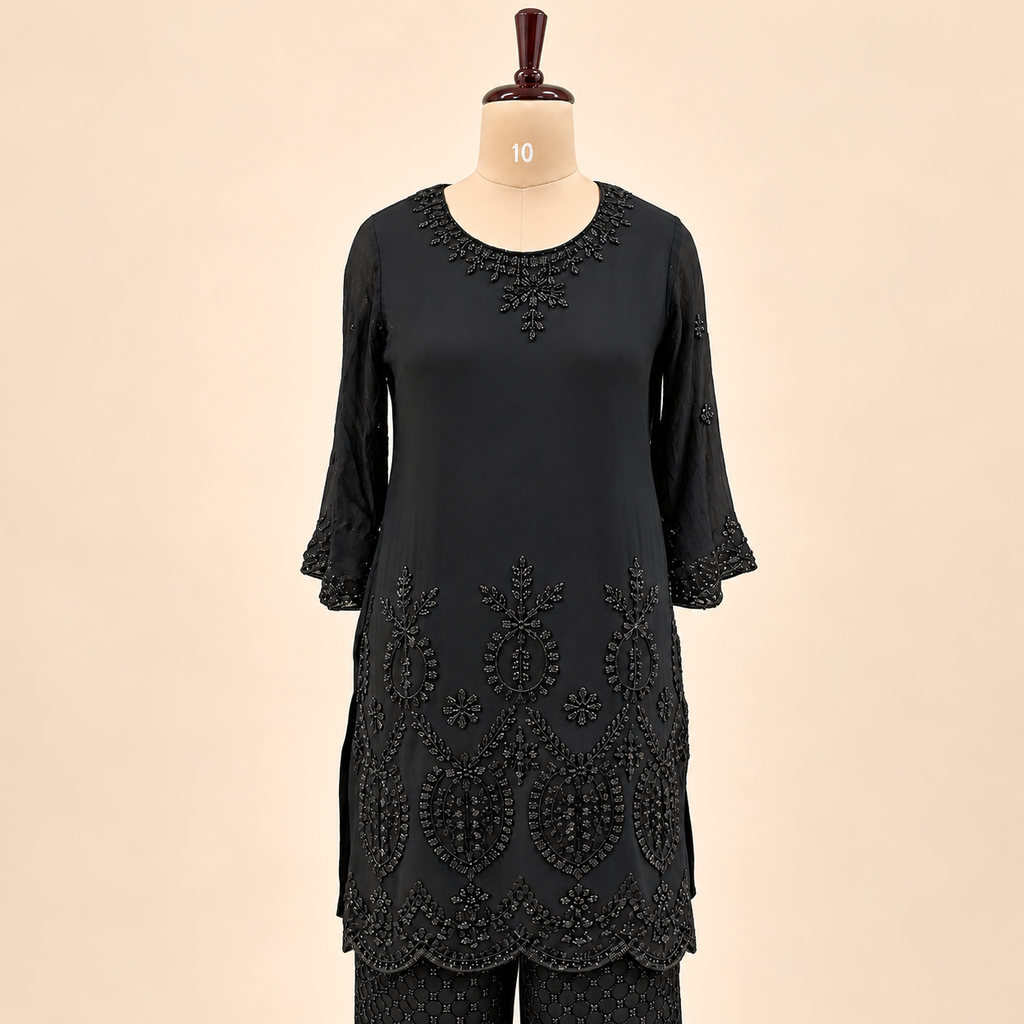 Elegant Black Embroidered Chiffon Palazzo Salwar Set with Dupatta