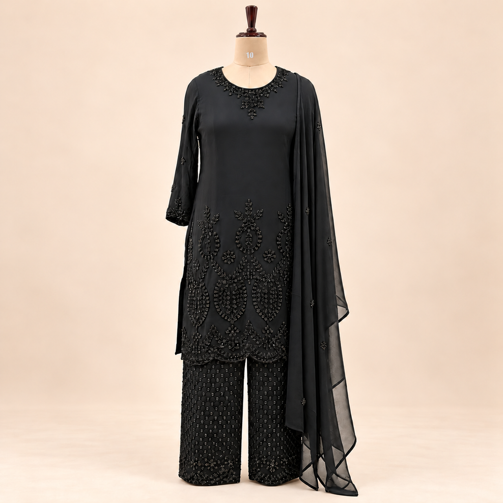 Elegant Black Embroidered Chiffon Palazzo Salwar Set with Dupatta