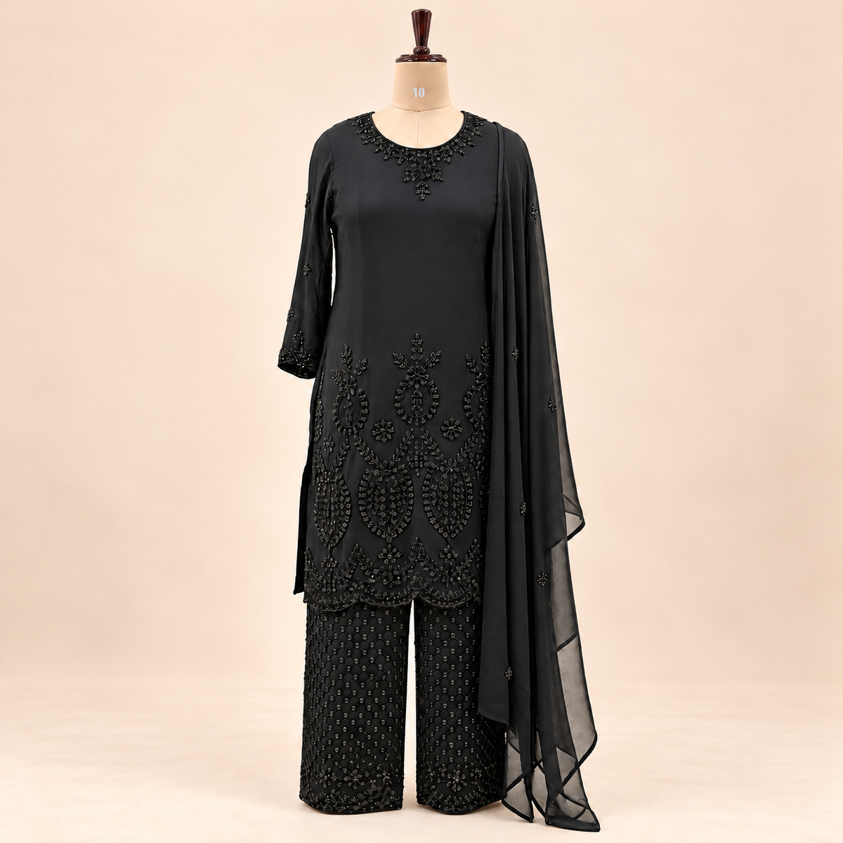 Elegant Black Embroidered Chiffon Palazzo Salwar Set with Dupatta