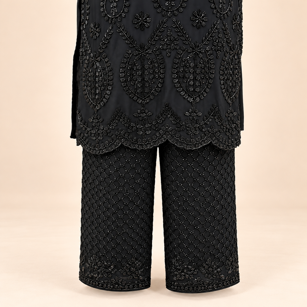 Elegant Black Embroidered Chiffon Palazzo Salwar Set with Dupatta