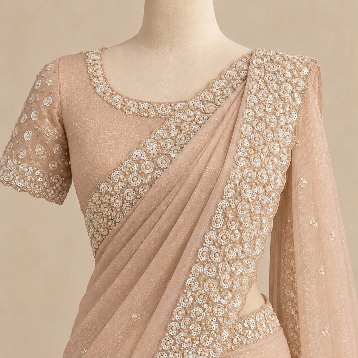 Peach Crush Saree with Floral Embroidered Border