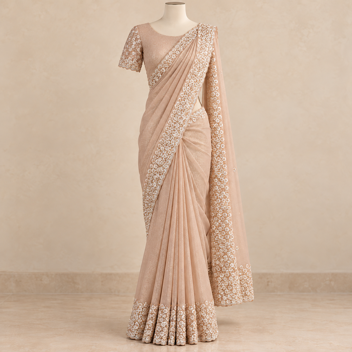Peach Crush Saree with Floral Embroidered Border