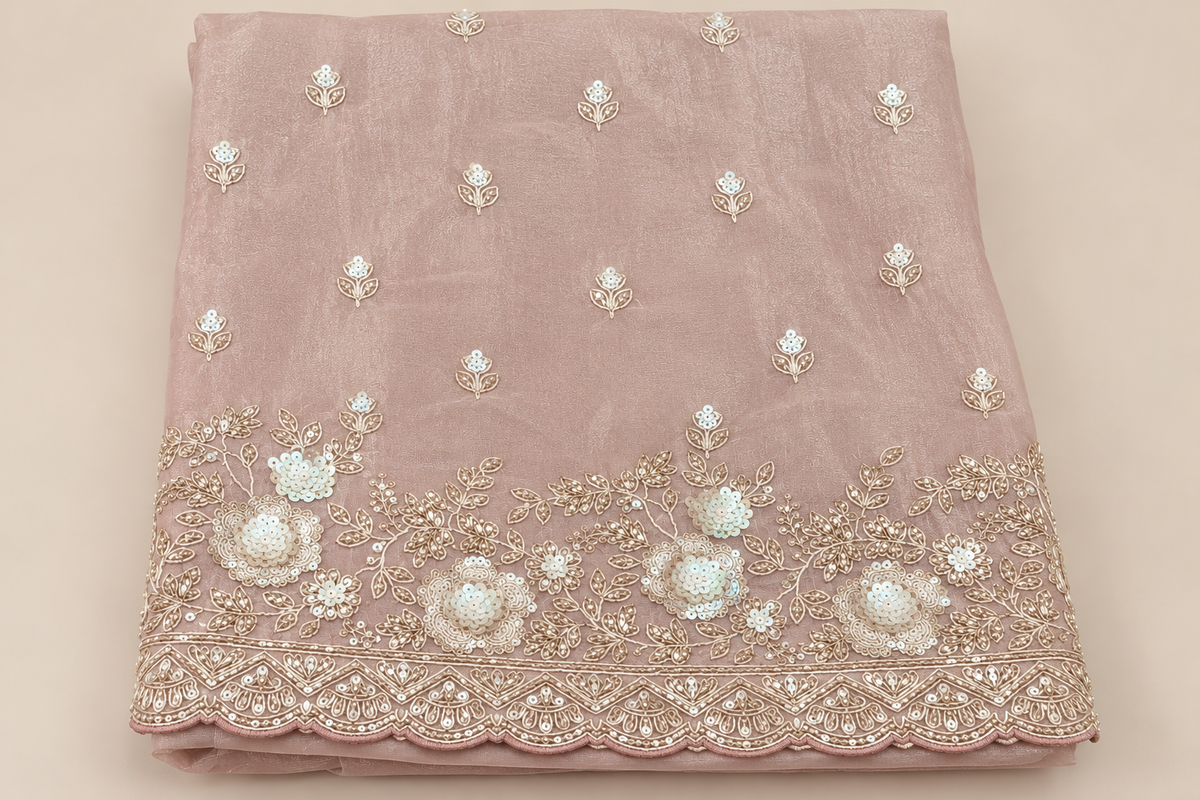 Elegant Peach Organza Dress Material with Floral Embroidery and Scalloped Dupatta