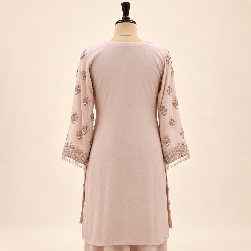 Peach Embroidered Crepe Salwar Set with Elegant Dupatta