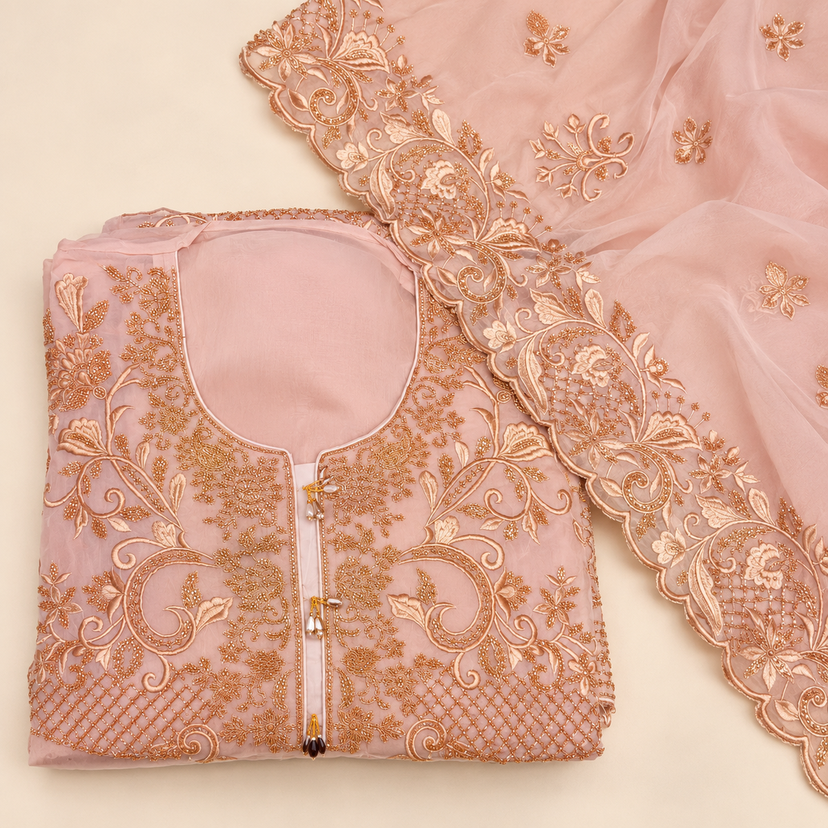 Onion  Georgette Floral Embroidered Unstitched Dress Material Set
