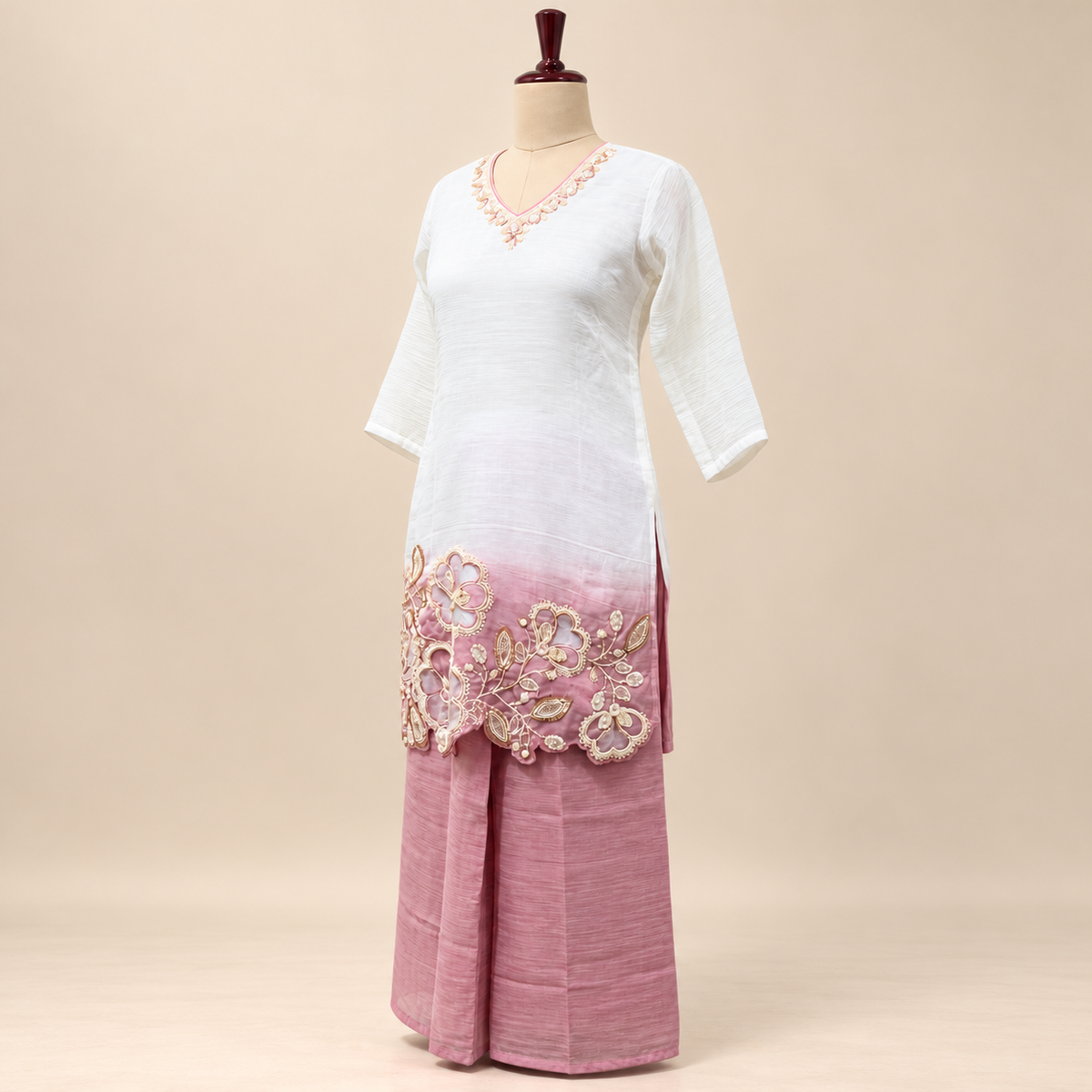 Onion Crush Floral Embroidered Kurta Set with palazzo and Dupatta