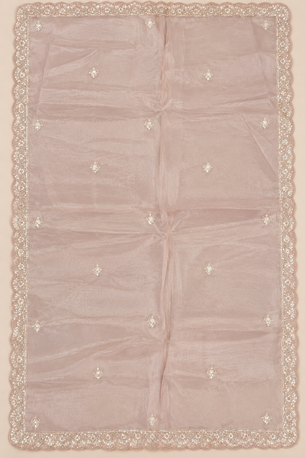 Elegant Peach Organza Dress Material with Floral Embroidery and Scalloped Dupatta