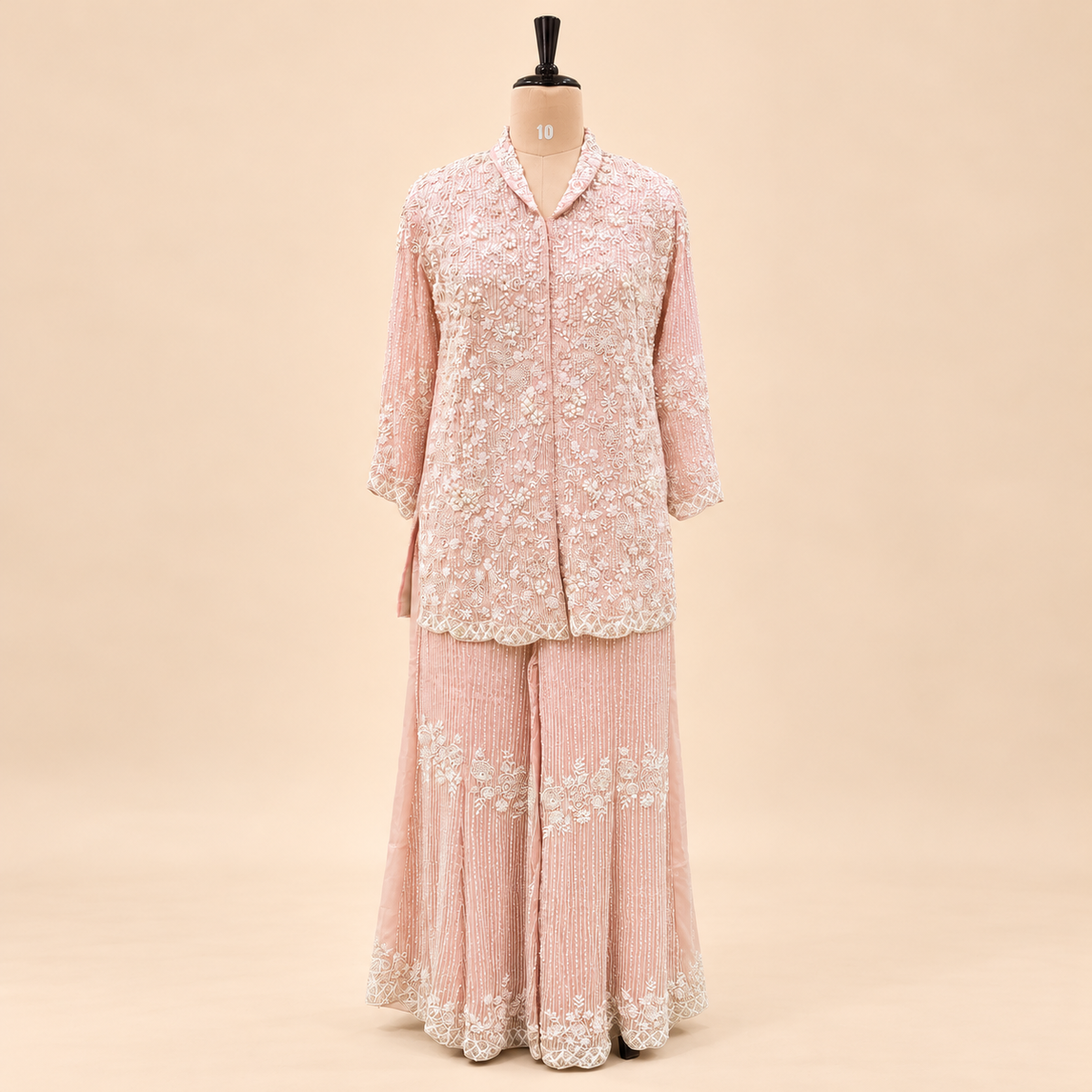 Blush Pink Floral Embroidered Chinon Palazzo Salwar Set