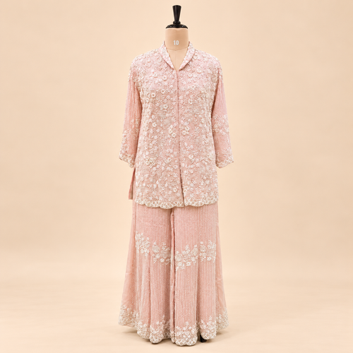 Blush Pink Floral Embroidered Chinon Palazzo Salwar Set