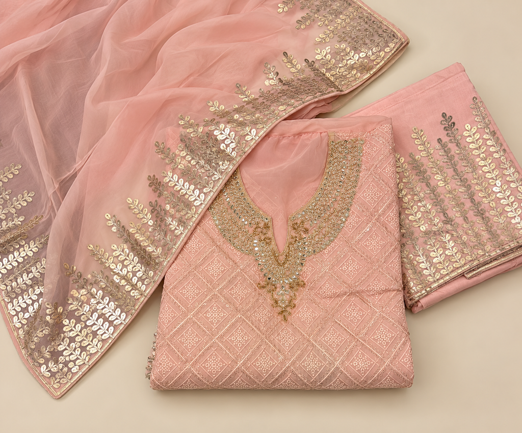 Pink Organza Gold Embroidered Unstitched Dress Material Set