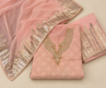 Pink Organza Gold Embroidered Unstitched Dress Material Set