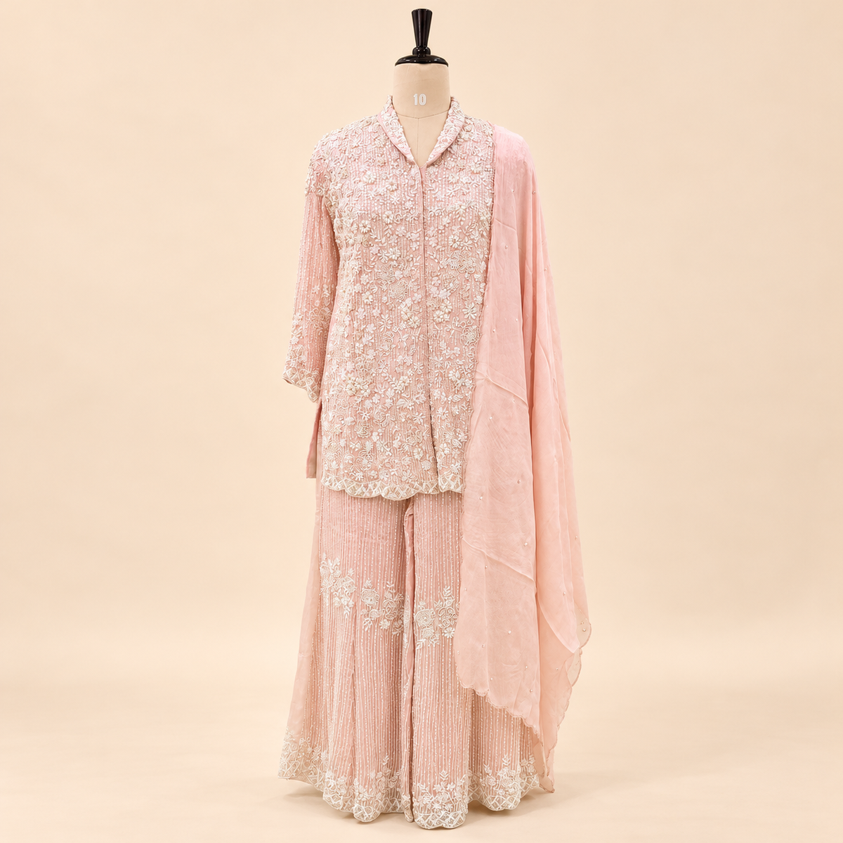 Blush Pink Floral Embroidered Chinon Palazzo Salwar Set