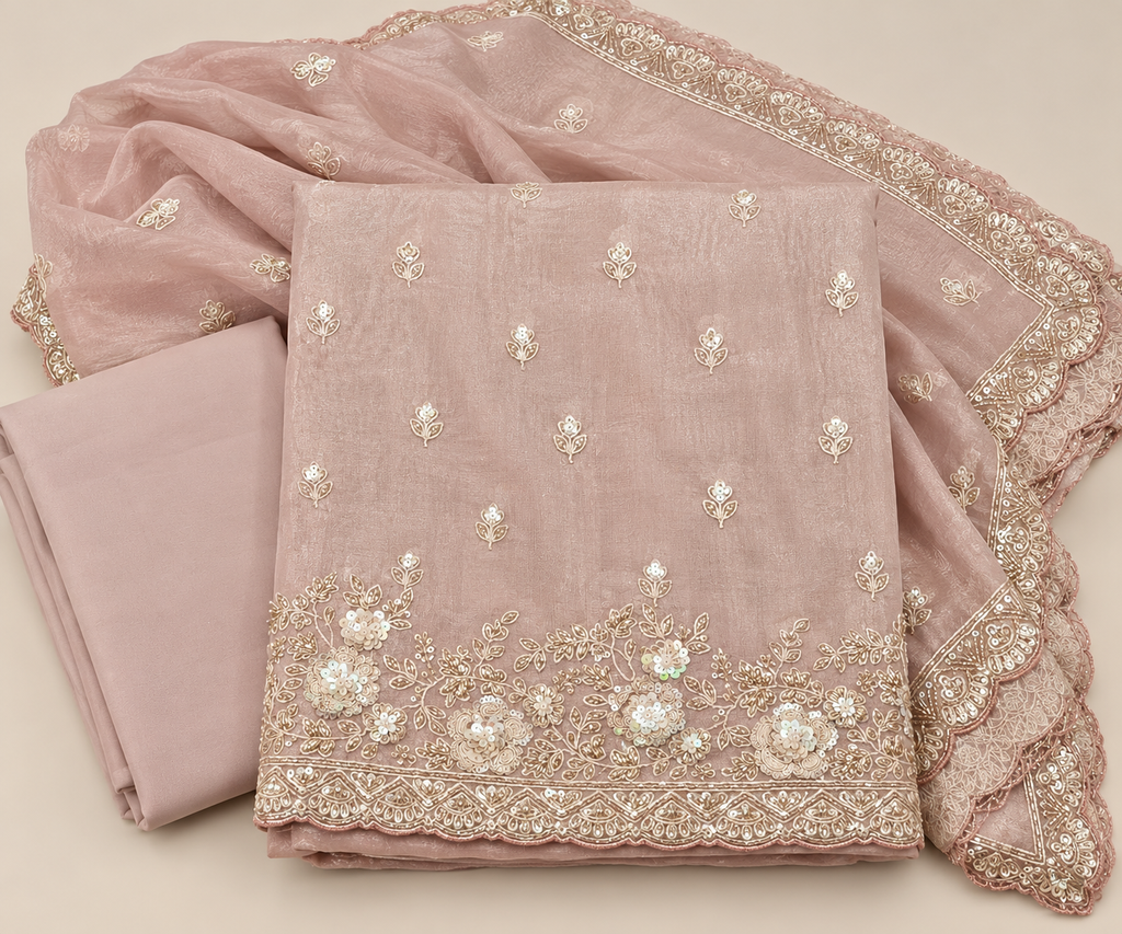 Elegant Peach Organza Dress Material with Floral Embroidery and Scalloped Dupatta