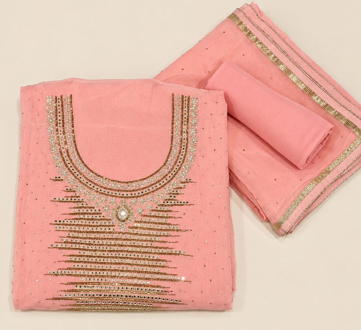 Blush Pink Organza Embroidered Dress Material Set