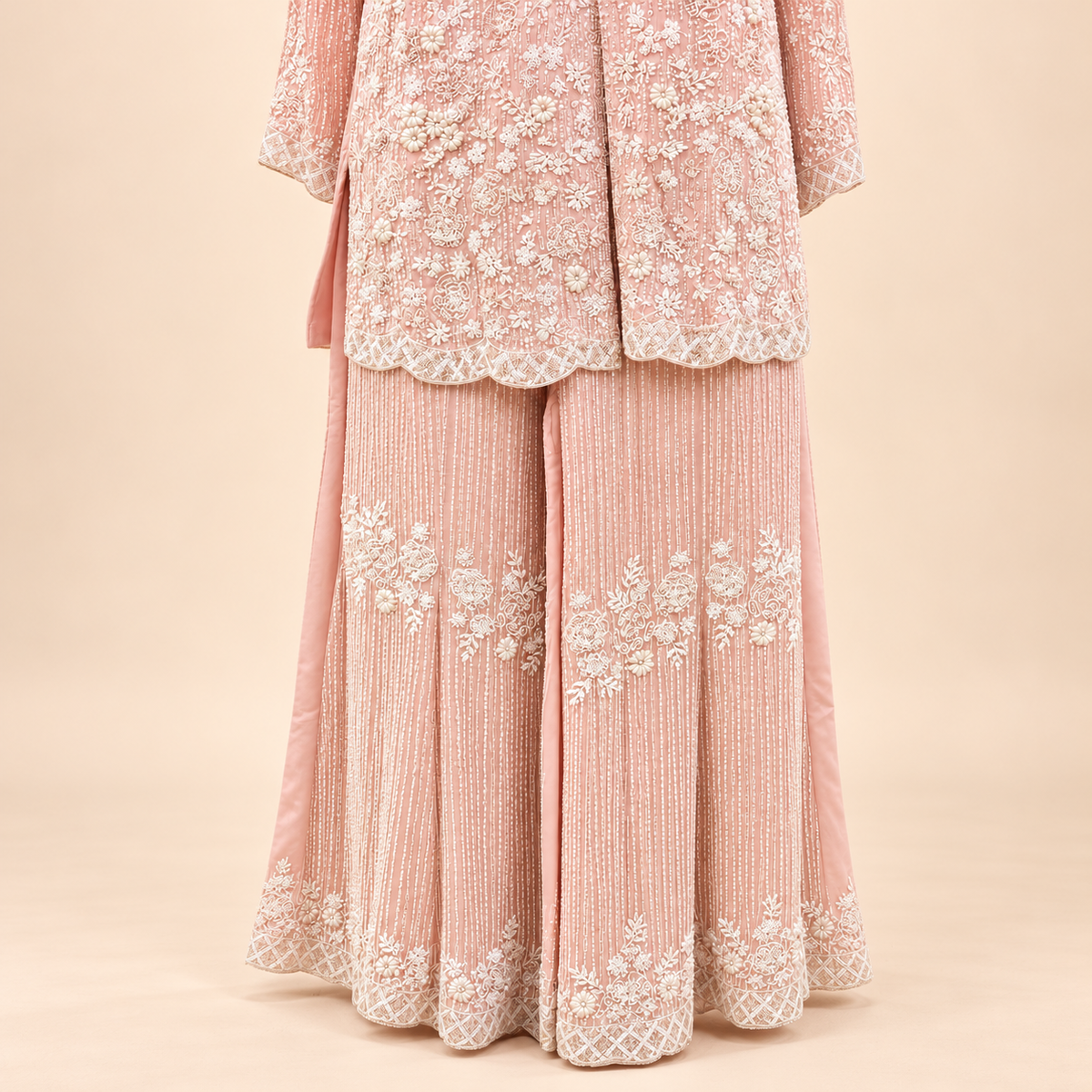 Blush Pink Floral Embroidered Chinon Palazzo Salwar Set
