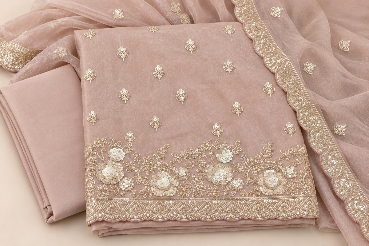Elegant Peach Organza Dress Material with Floral Embroidery and Scalloped Dupatta