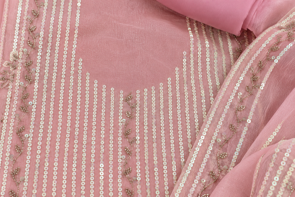 Elegant Pink Shimmer Silk Dress Material with Sequin Embroidery and Floral Dupatta