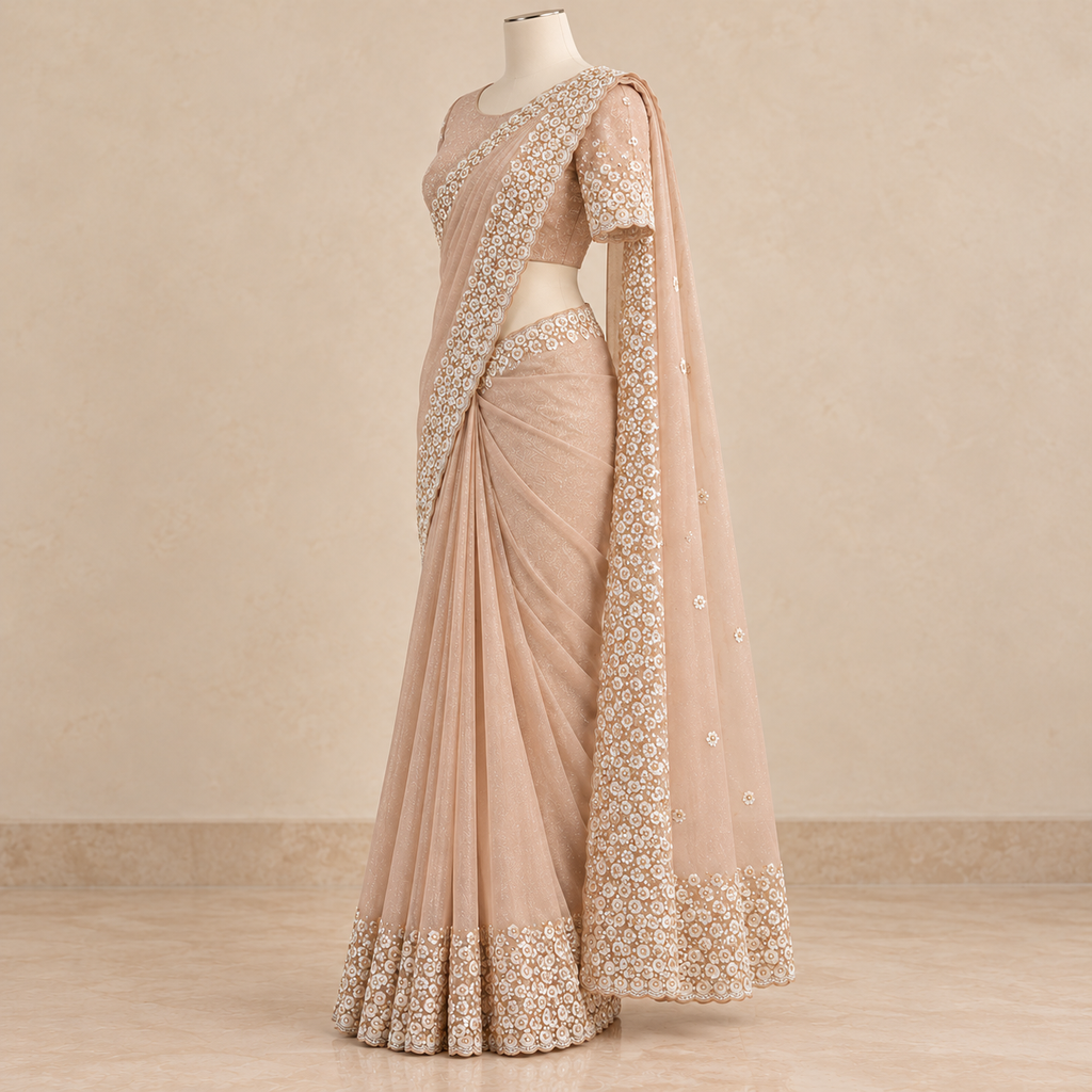 Peach Crush Saree with Floral Embroidered Border
