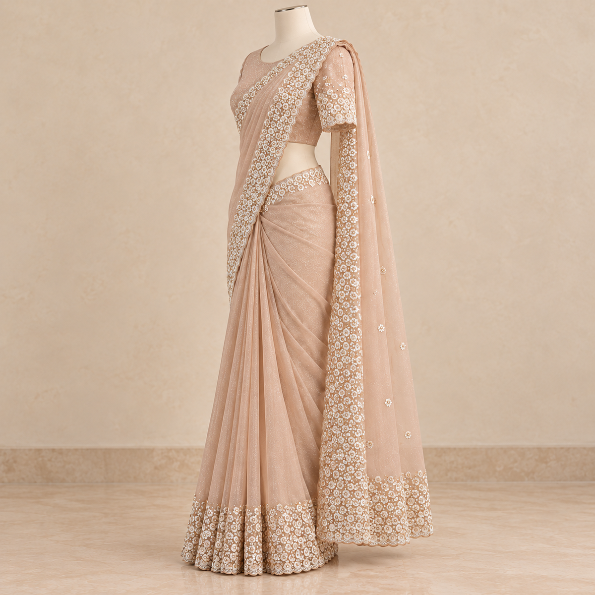 Peach Crush Saree with Floral Embroidered Border