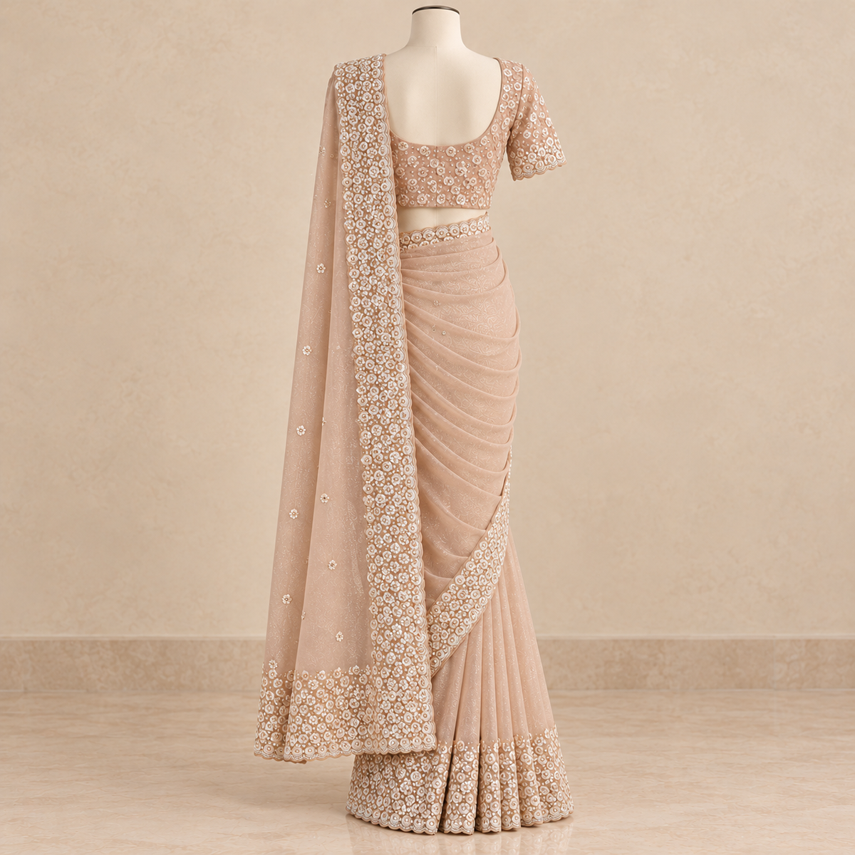 Peach Crush Saree with Floral Embroidered Border